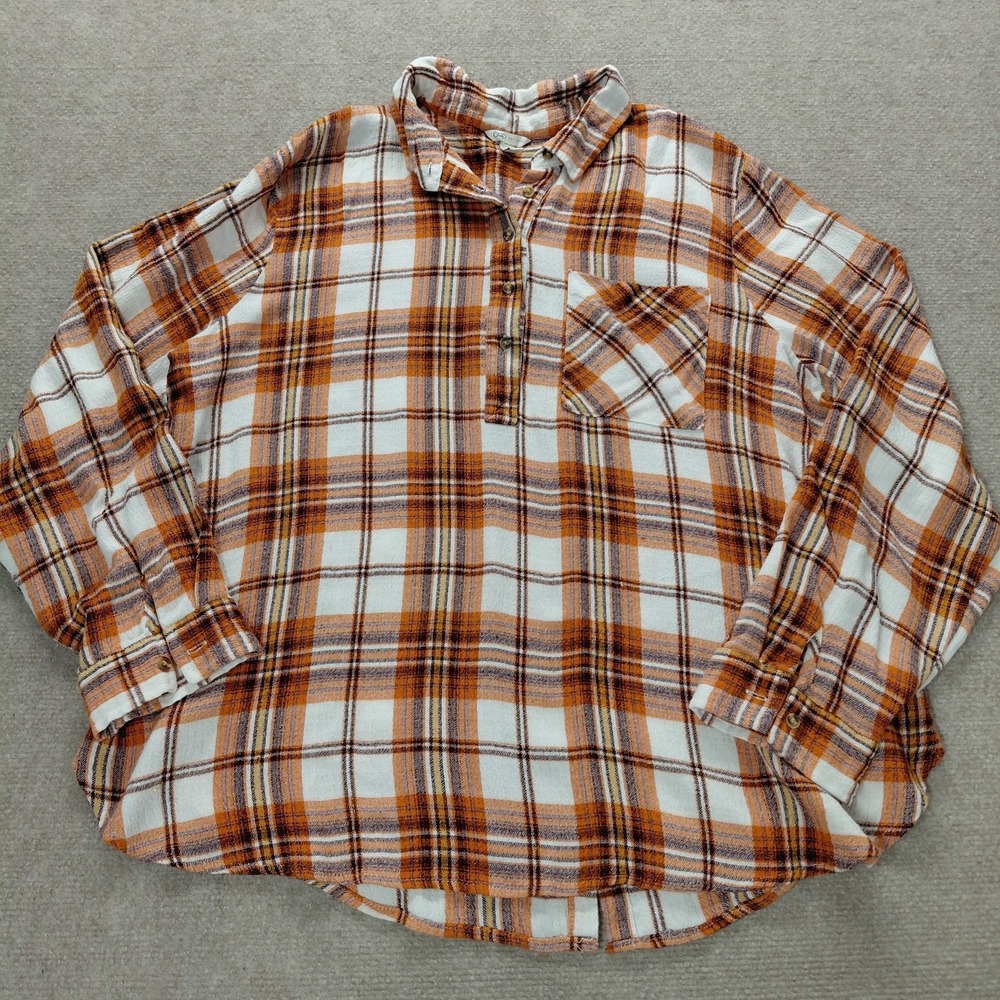 Cato Button Back Shirt Womens XL Orange Mustard Yellow Gold Plaid Long Sleeve